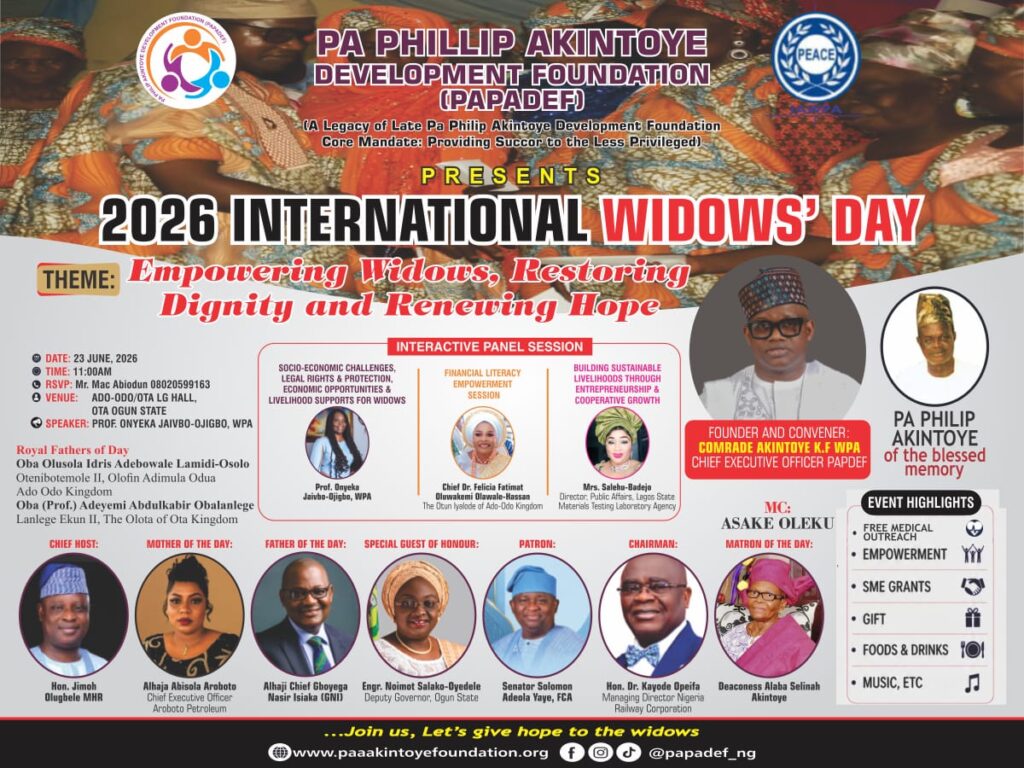 2026 International Widows' Day flyer, PAPADEF, theme Empowering Widows Restoring Dignity and Renewing Hope